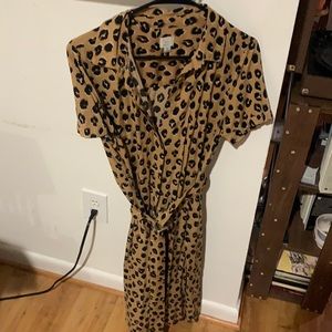 Belted leopard print midi dress